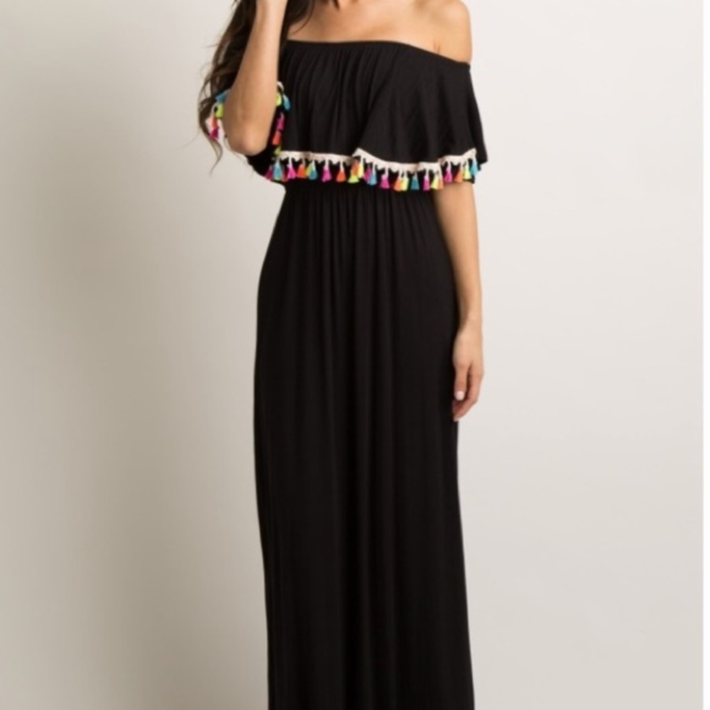 Black Off The Shoulder Maxi Dress With Colorful Tassels Women’s Large Vacation